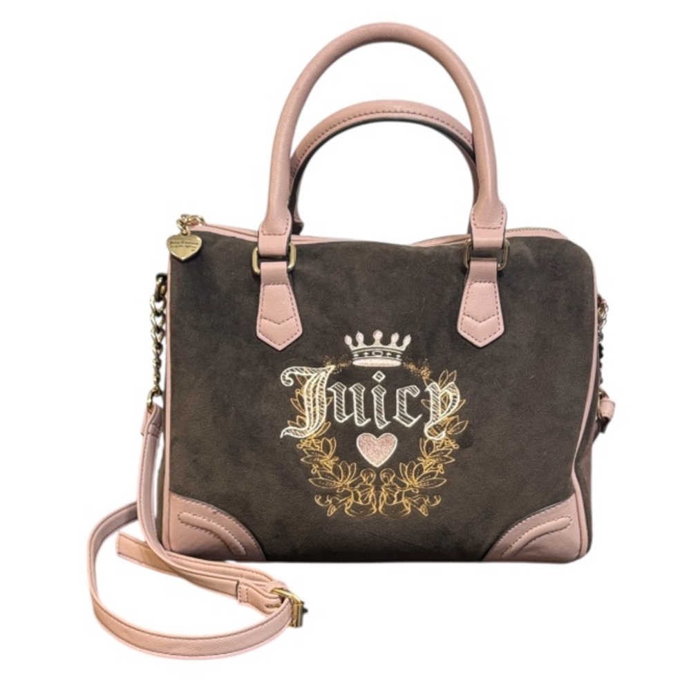 Juicy Couture Pink Brown Bag Satchel with shoulder strap soft velour fabric